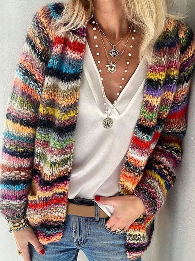 Women's multicolour striped knitted cardigan with long sleeves