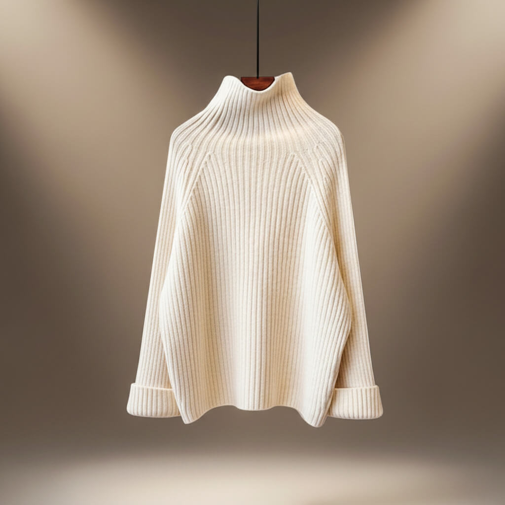 Women's winter knitwear set with ribbed turtleneck sweater, padded gilet and cable-knit trousers