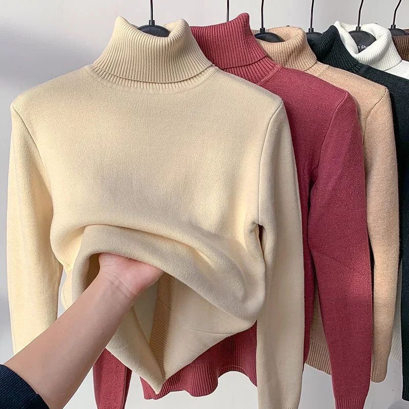 Women's plain long-sleeve turtleneck jumper with ribbed collar