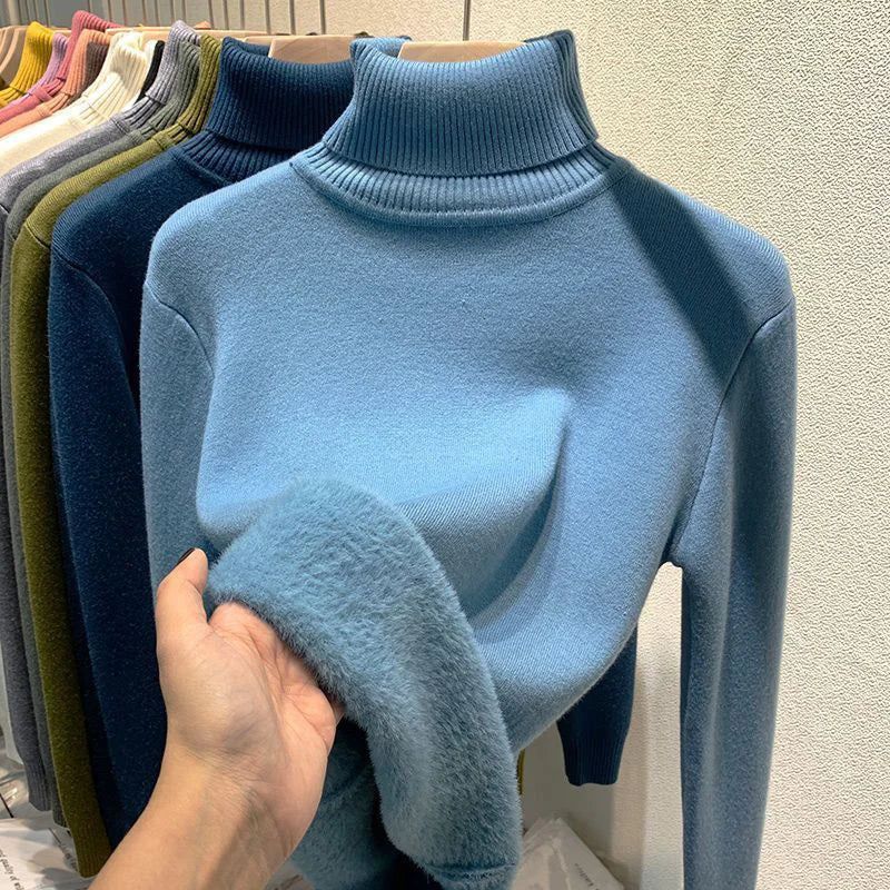 Women's plain long-sleeve turtleneck jumper with ribbed collar