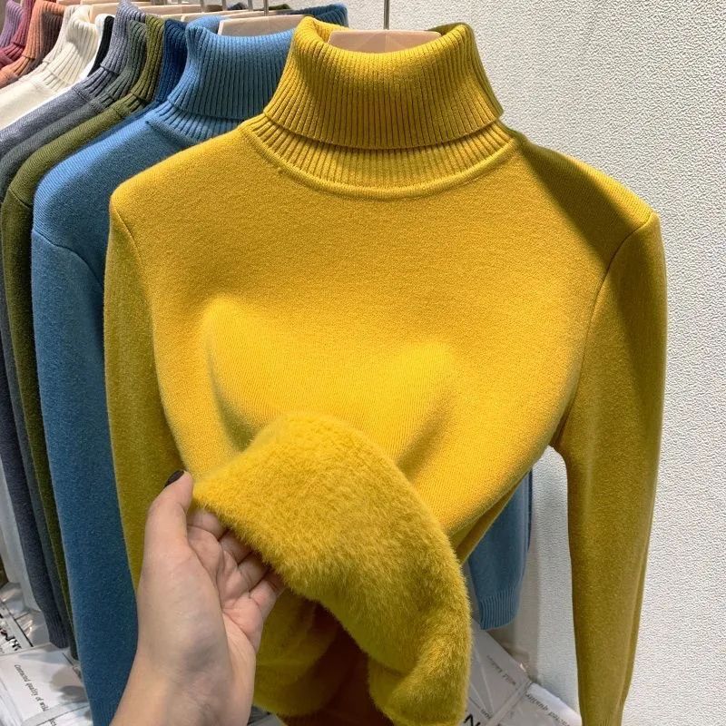 Women's plain long-sleeve turtleneck jumper with ribbed collar