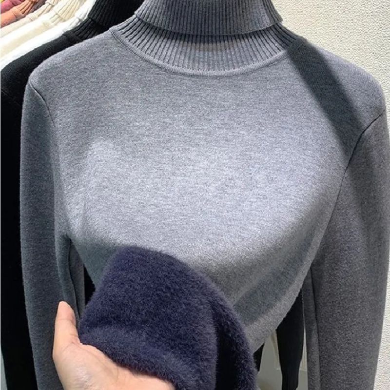 Women's plain long-sleeve turtleneck jumper with ribbed collar