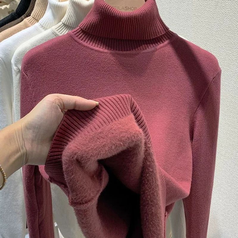 Women's plain long-sleeve turtleneck jumper with ribbed collar