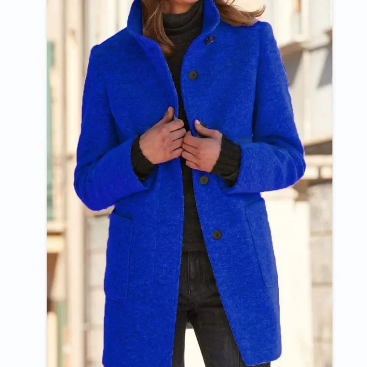 Women's longline coat with stand collar, button front and patch pockets