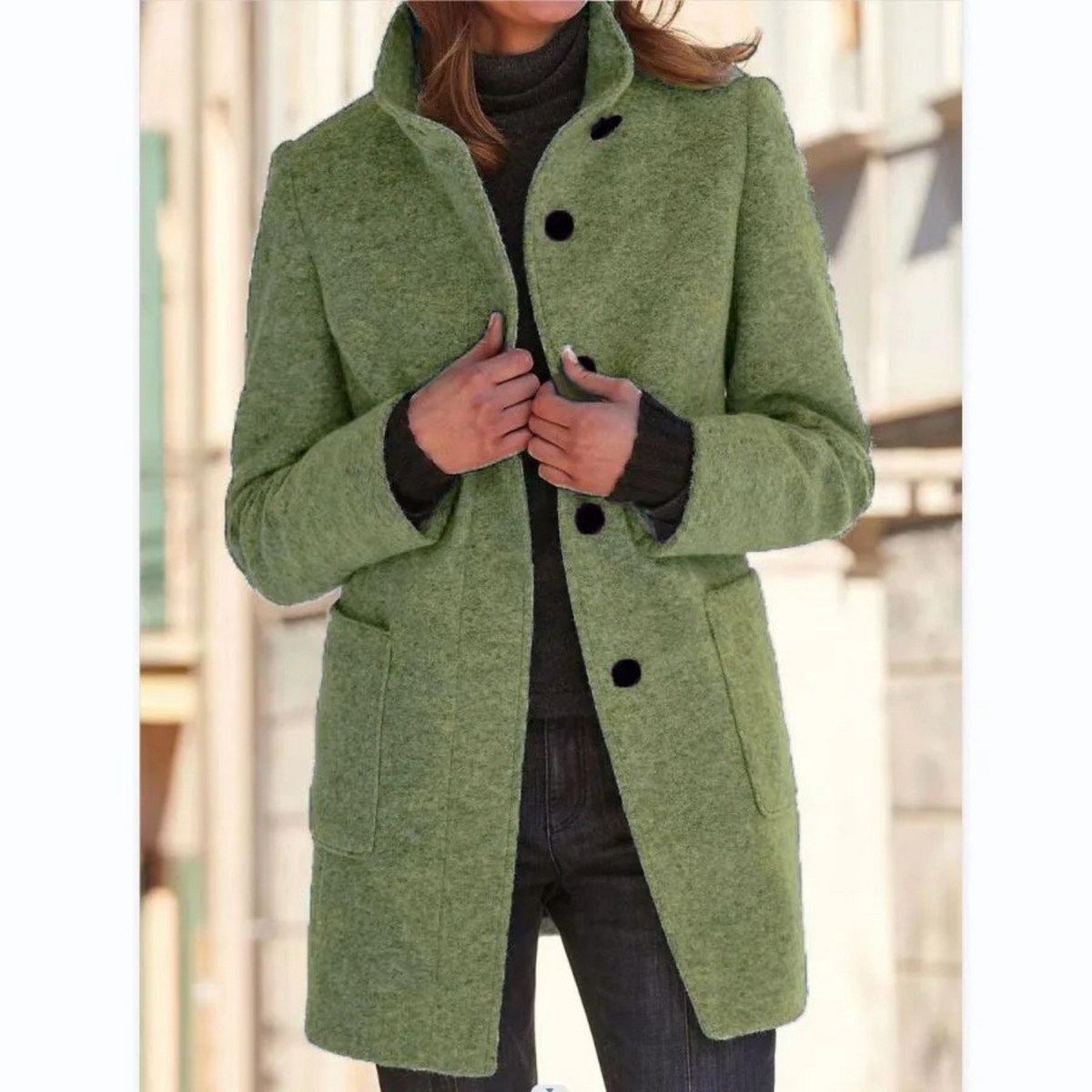 Women's longline coat with stand collar, button front and patch pockets