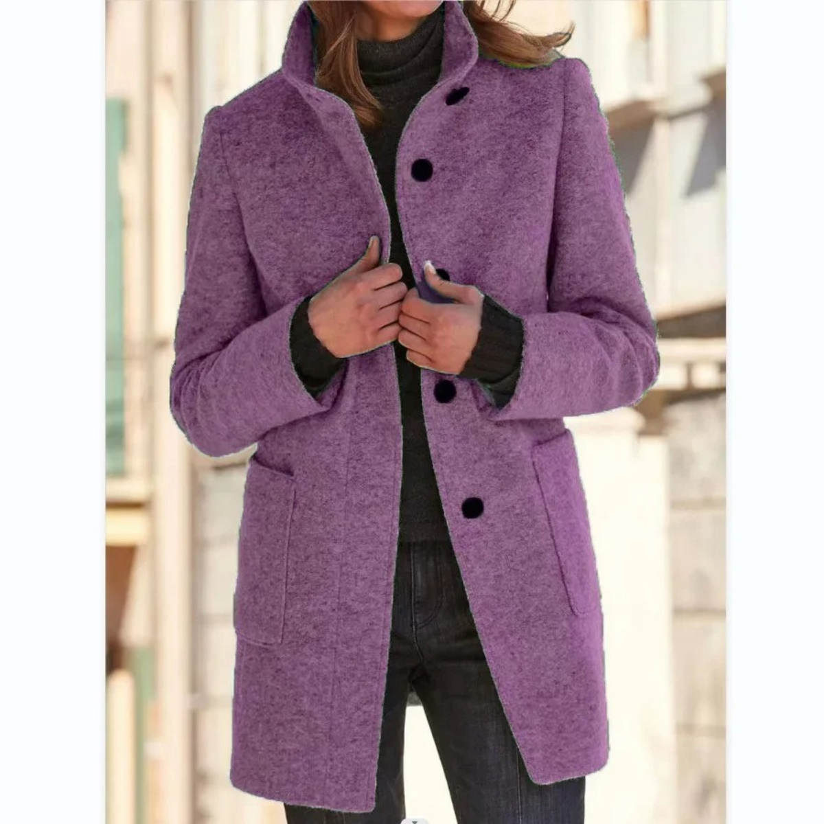 Women's longline coat with stand collar, button front and patch pockets