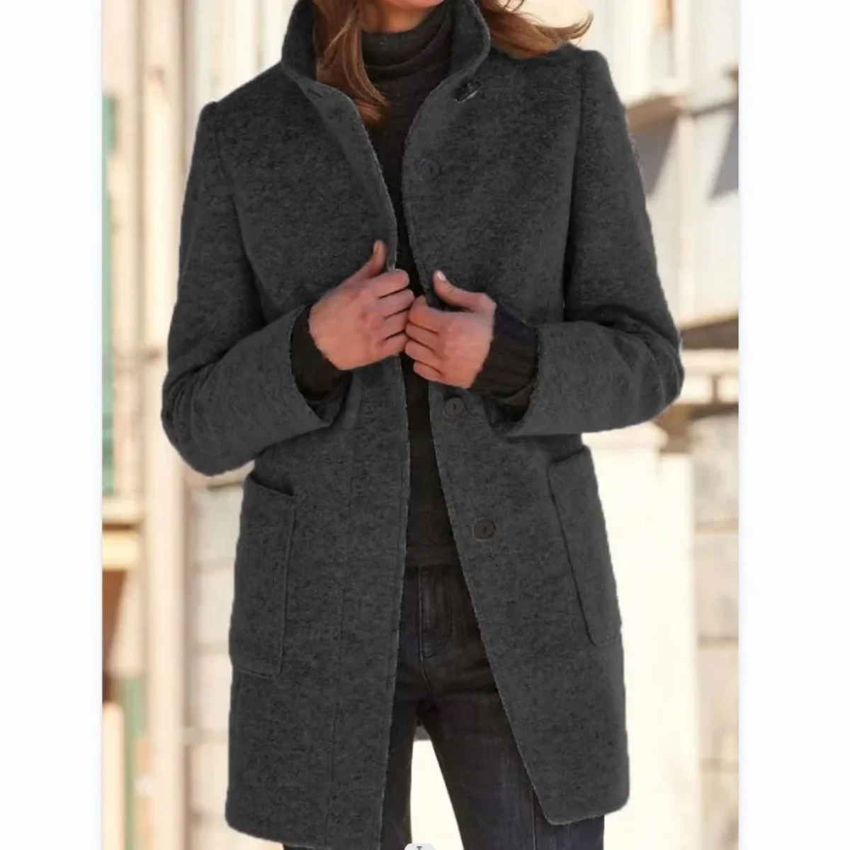 Women's longline coat with stand collar, button front and patch pockets