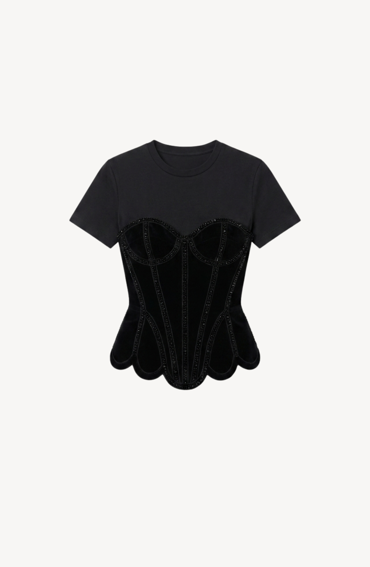 Black short-sleeve T-shirt with structured corset-style front and sparkling trim