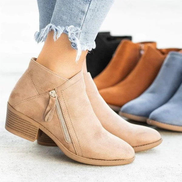 Women's ankle boots with side zip, almond toe and low block heel