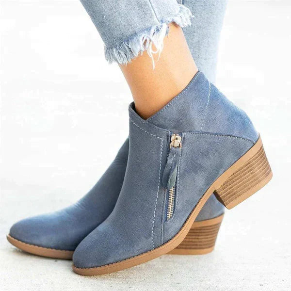 Women's ankle boots with side zip, almond toe and low block heel
