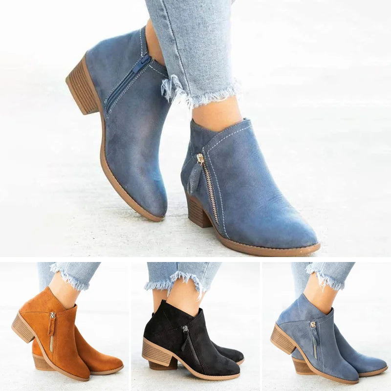 Women's ankle boots with side zip, almond toe and low block heel
