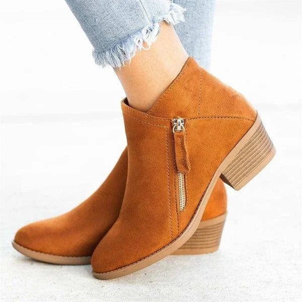 Women's ankle boots with side zip, almond toe and low block heel