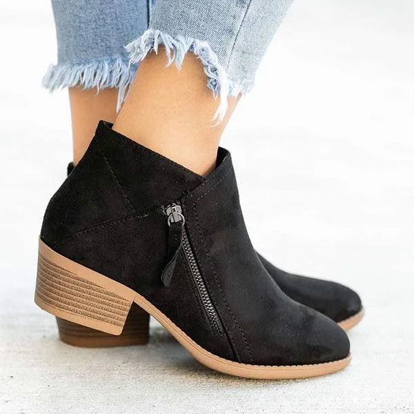 Women's ankle boots with side zip, almond toe and low block heel