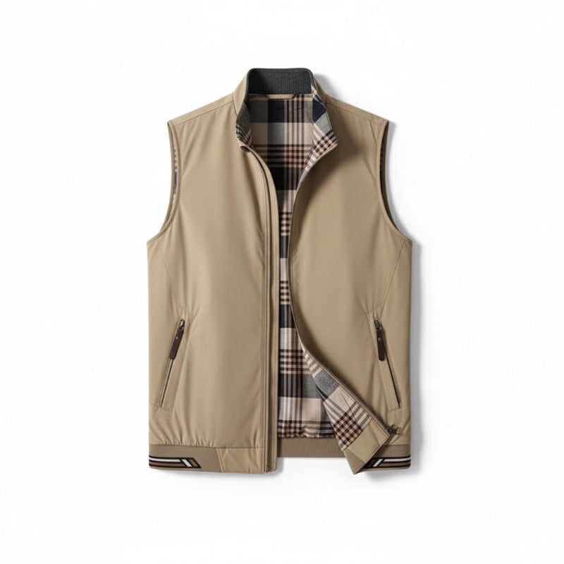 Men's sleeveless checked gilet vest with stand collar, zip front and angled pockets