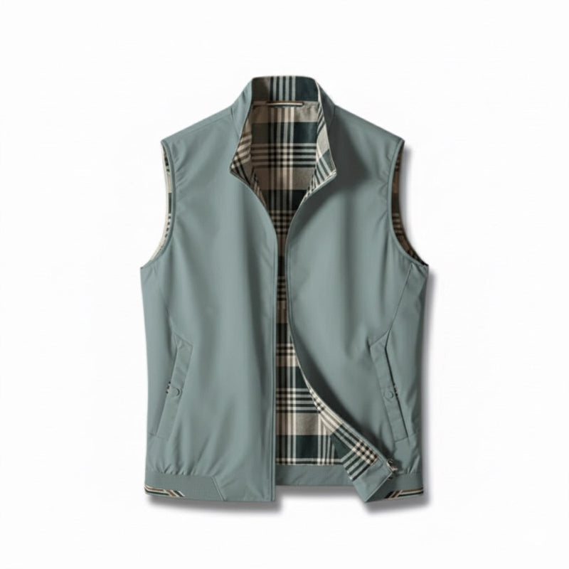 Men's sleeveless checked gilet vest with stand collar, zip front and angled pockets