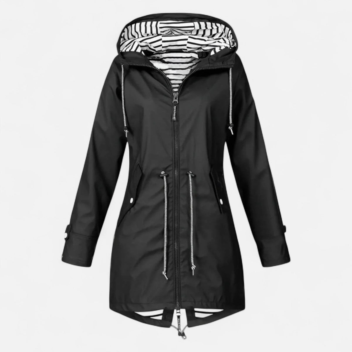 Women's hooded longline jacket with striped lining and zipped pockets
