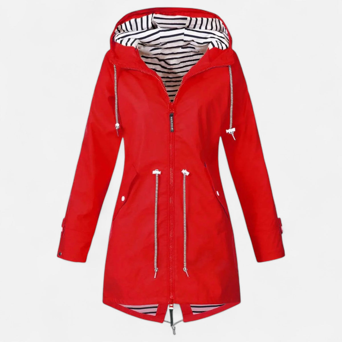 Women's hooded longline jacket with striped lining and zipped pockets
