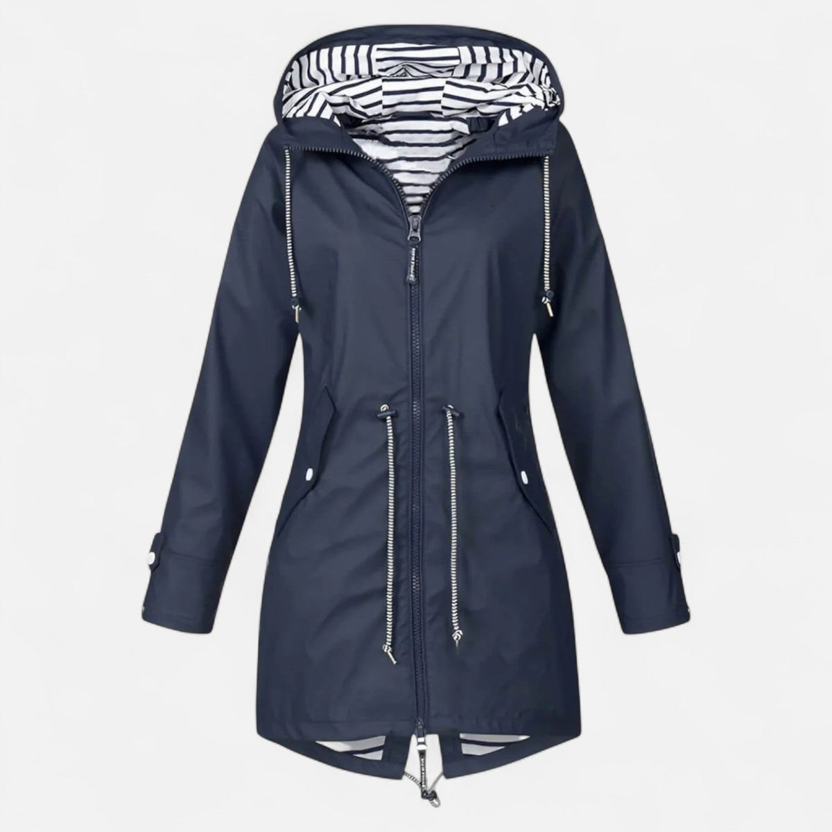 Women's hooded longline jacket with striped lining and zipped pockets