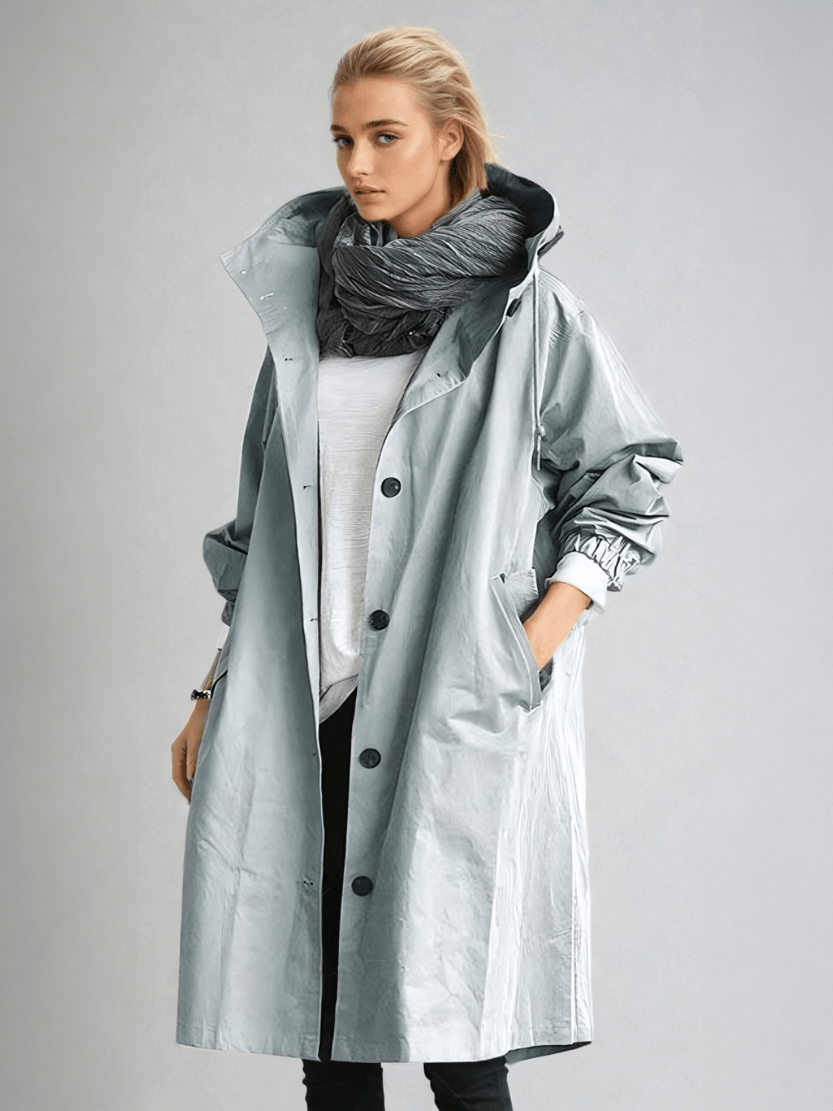 Women's longline hooded trench coat with button front and elasticated cuffs