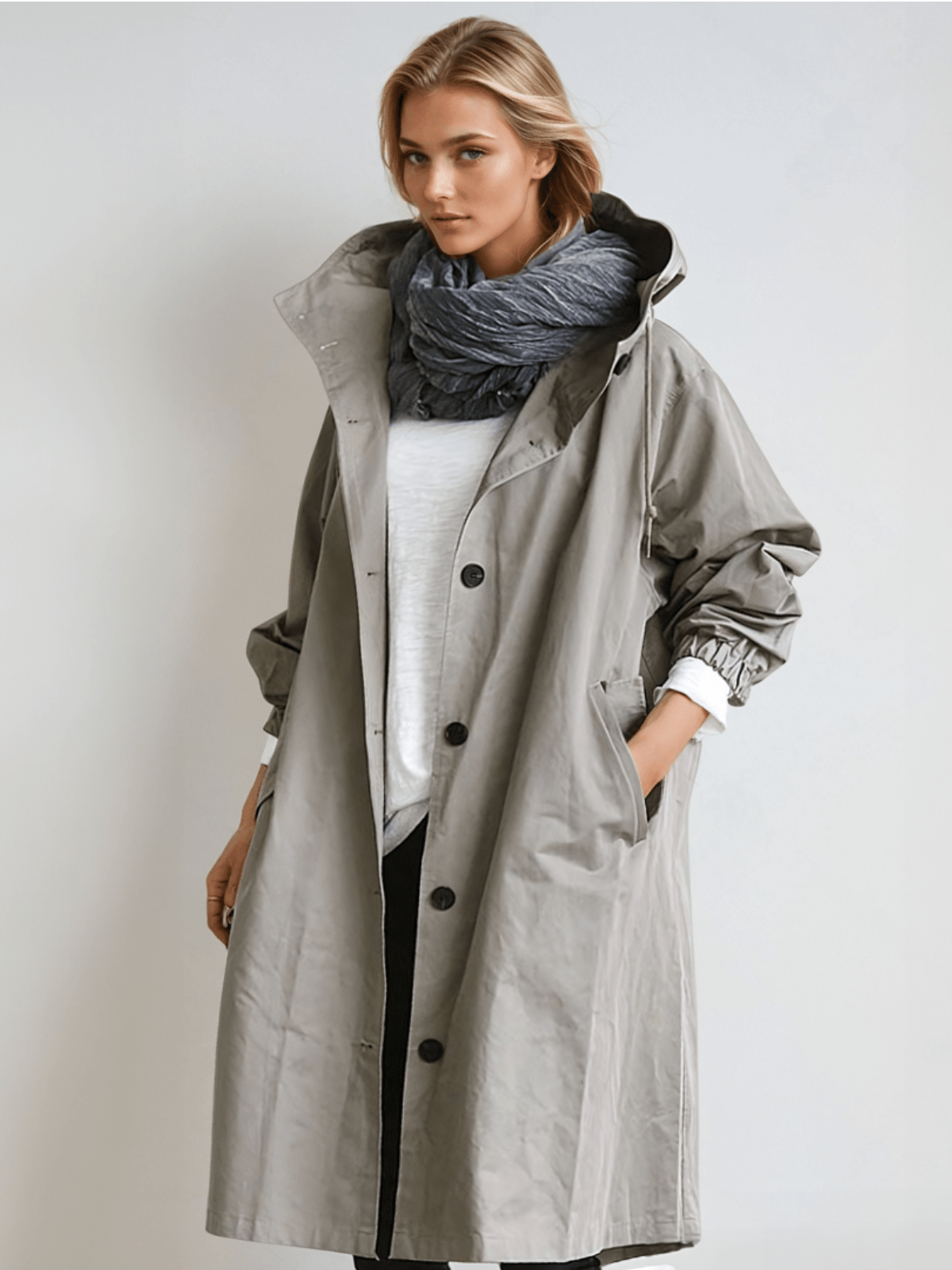 Women's longline hooded trench coat with button front and elasticated cuffs