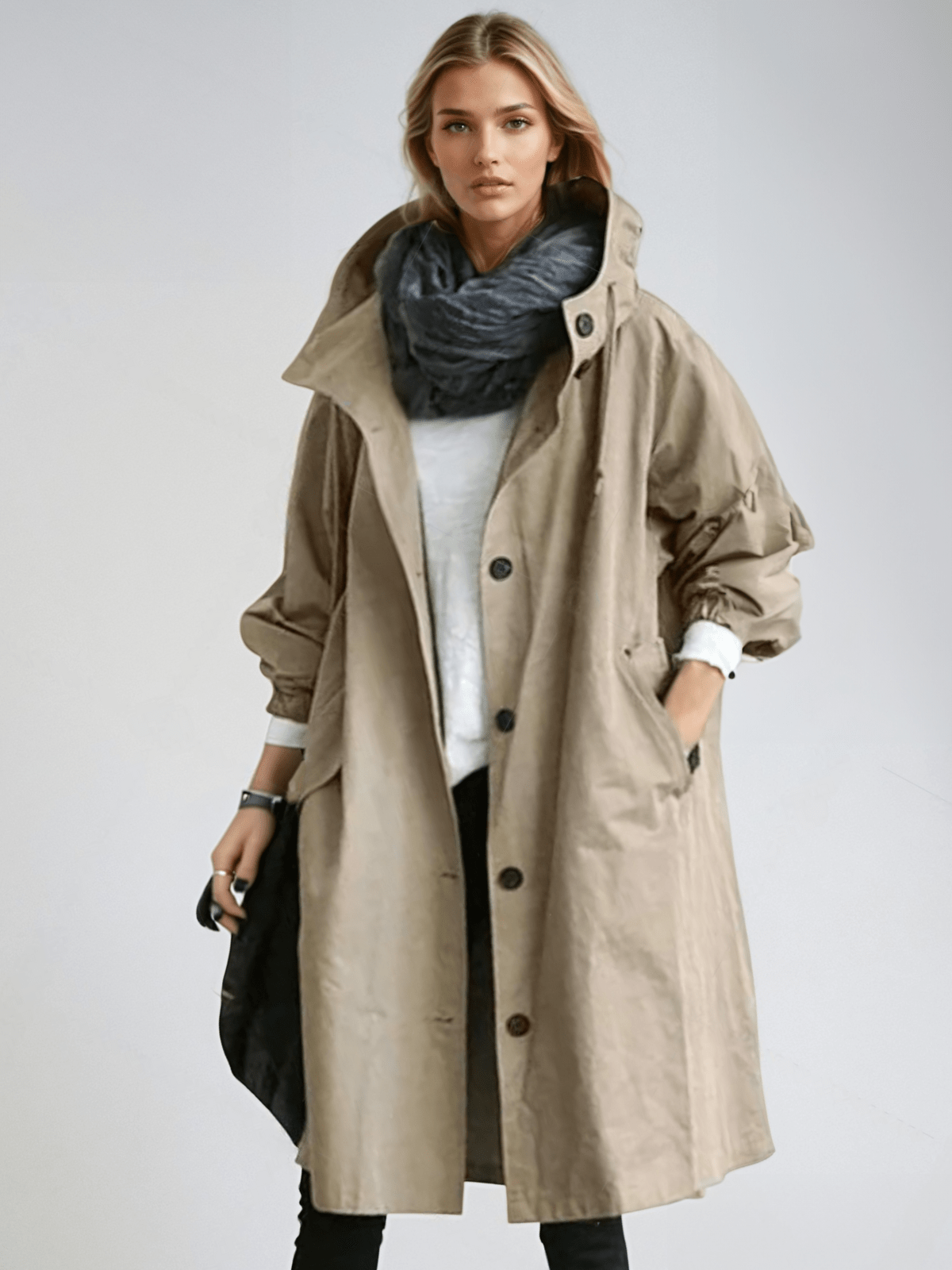 Women's longline hooded trench coat with button front and elasticated cuffs
