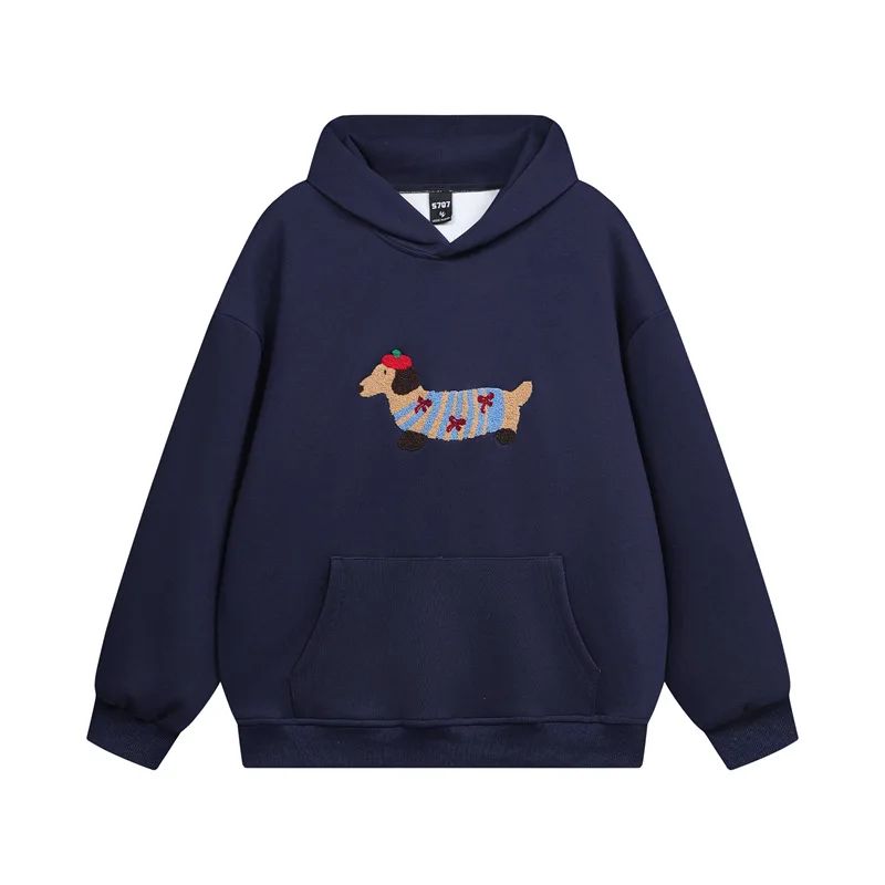 Women's hooded sweatshirt with embroidered dog graphic, long sleeves and kangaroo pocket