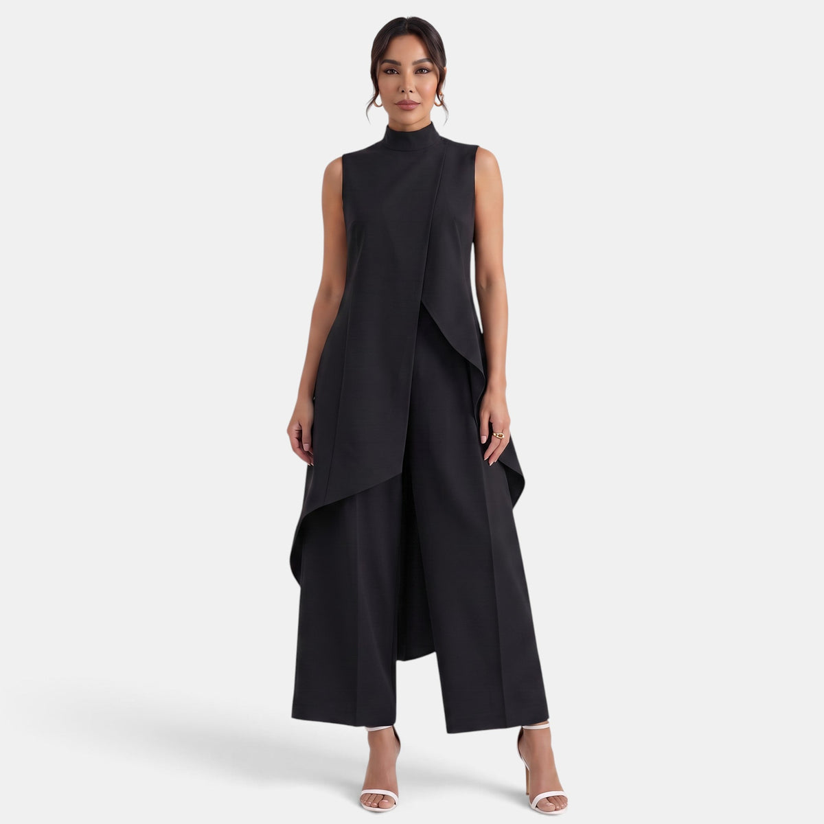 Women's sleeveless mock-neck two-piece set with an asymmetric top and wide-leg cropped trousers