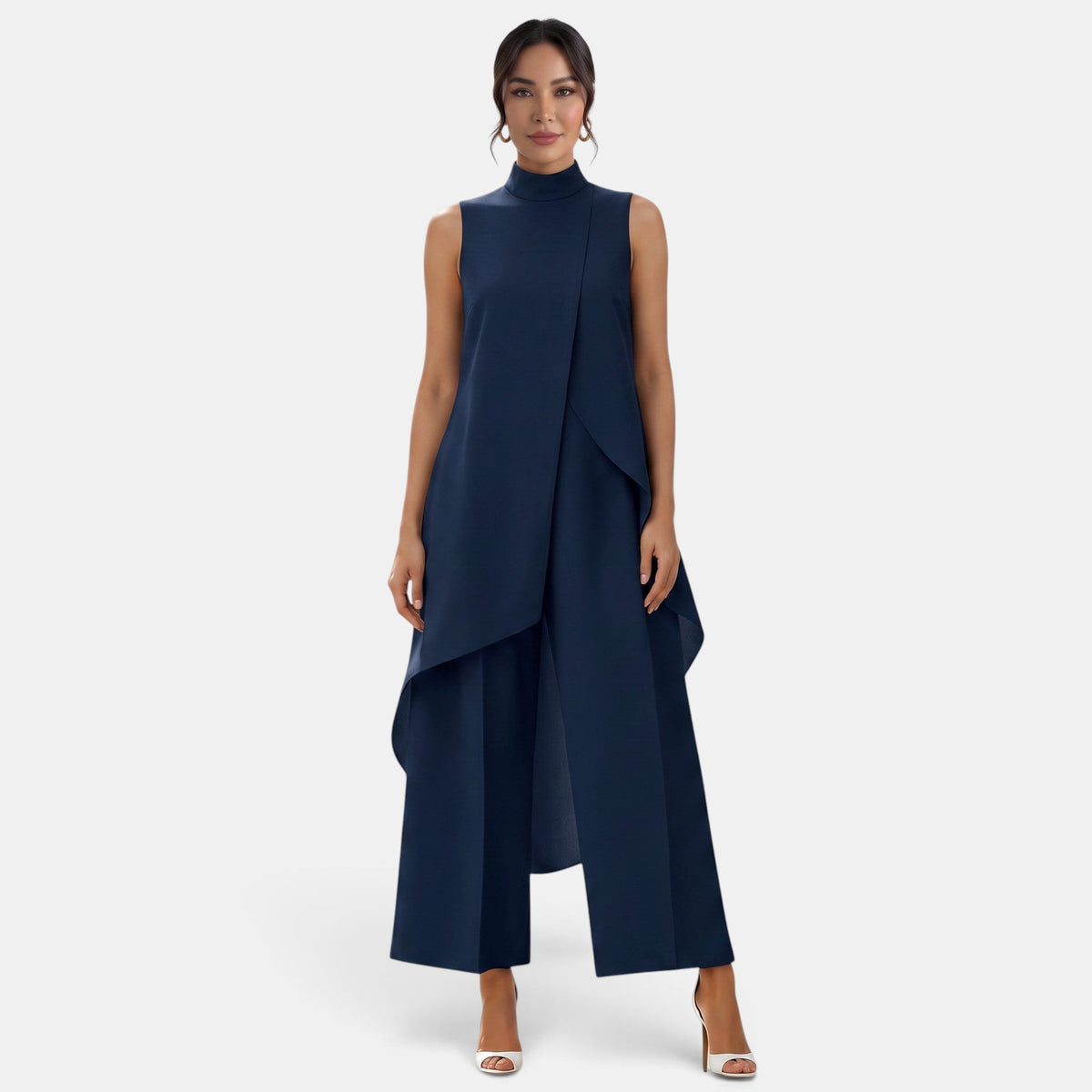 Women's sleeveless mock-neck two-piece set with an asymmetric top and wide-leg cropped trousers