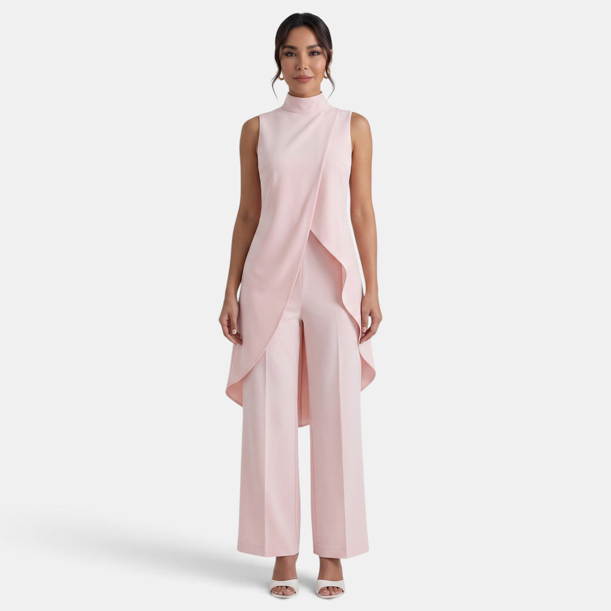 Women's sleeveless mock-neck two-piece set with an asymmetric top and wide-leg cropped trousers
