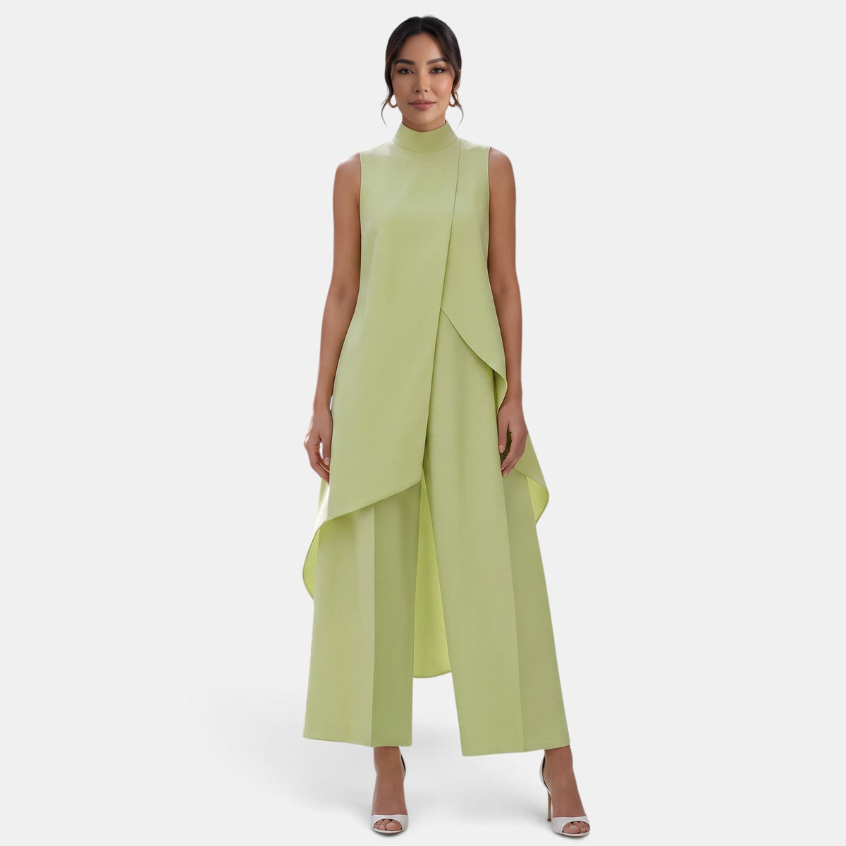 Women's sleeveless mock-neck two-piece set with an asymmetric top and wide-leg cropped trousers