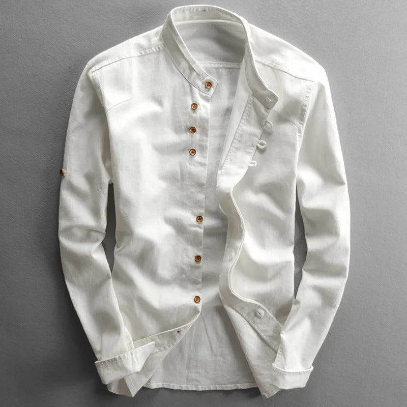 Men's long-sleeved Japanese style shirt with mandarin collar and asymmetric button front