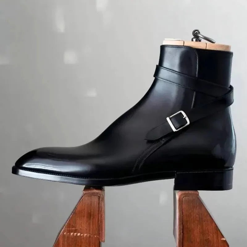 Men's ankle boots with square toe and side buckle strap