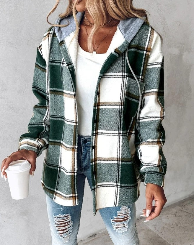 Women's checked hooded shirt jacket with button front and long sleeves