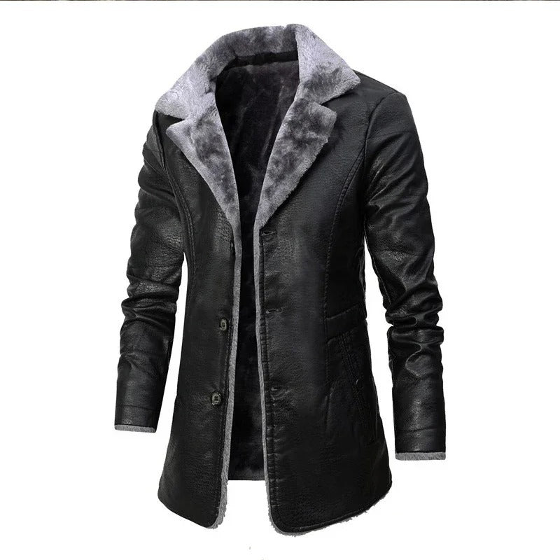 Men's long lined coat with lapel collar, button front and flap pockets