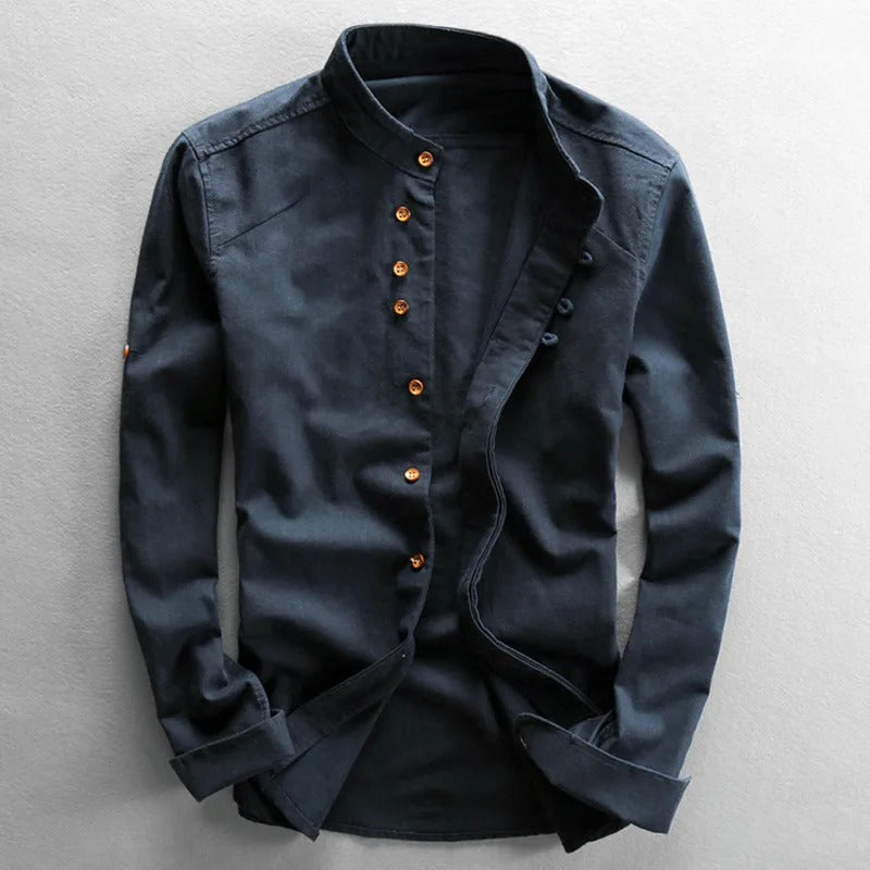 Men's long-sleeved Japanese style shirt with mandarin collar and asymmetric button front