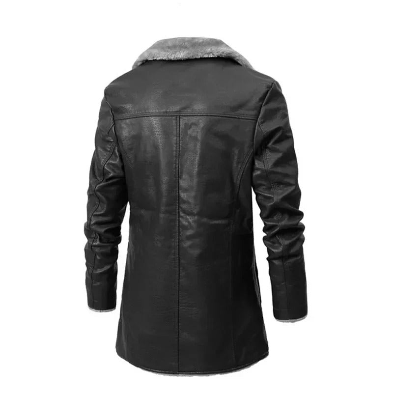 Men's long lined coat with lapel collar, button front and flap pockets
