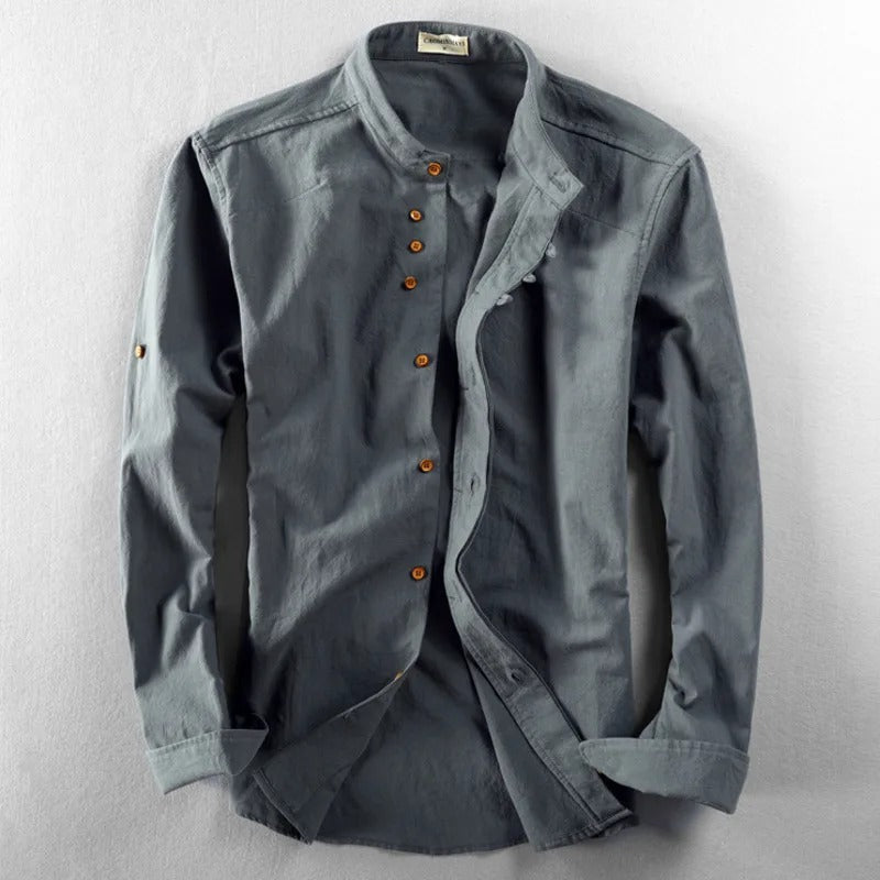 Men's long-sleeved Japanese style shirt with mandarin collar and asymmetric button front