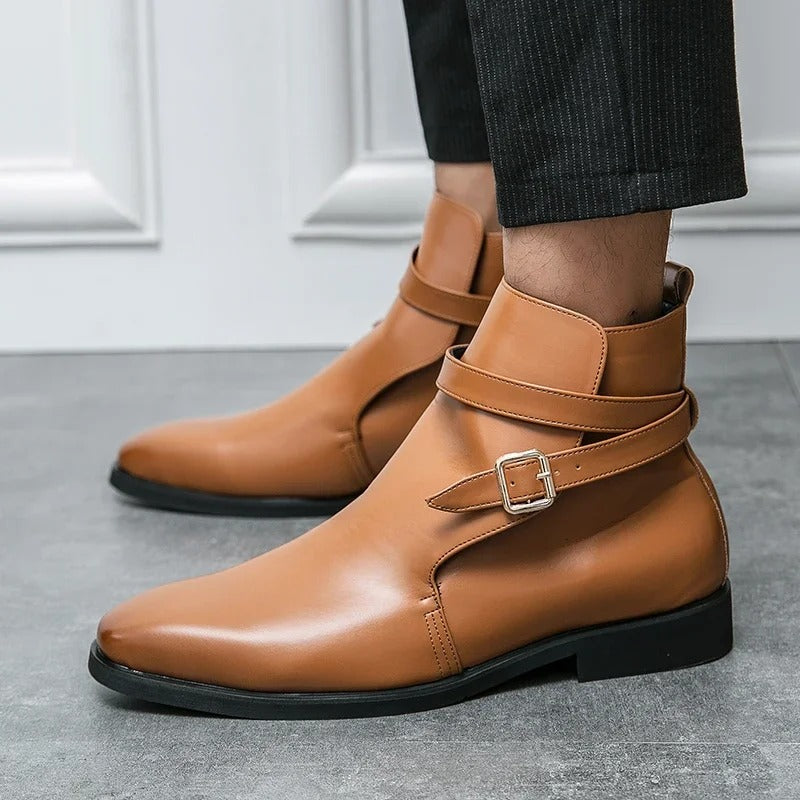Men's ankle boots with square toe and side buckle strap