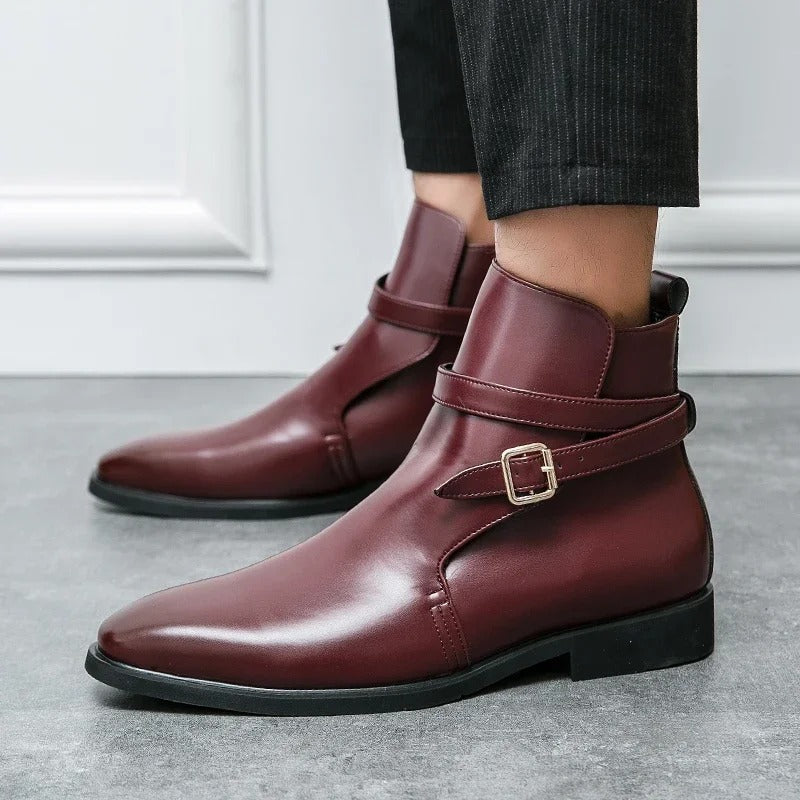 Men's ankle boots with square toe and side buckle strap