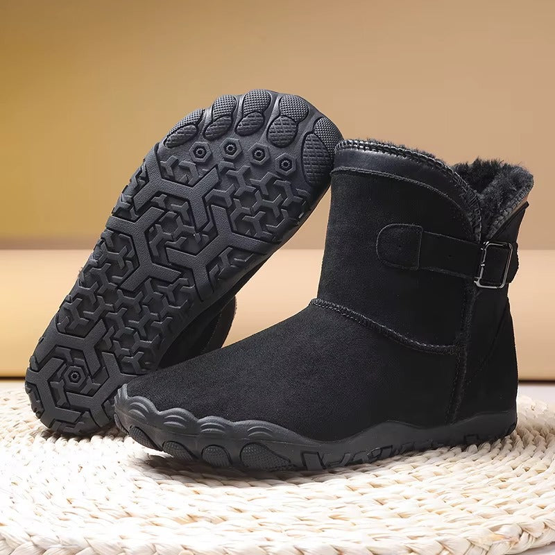 Unisex barefoot ankle boots with buckle straps, fleece lining and patterned flat soles