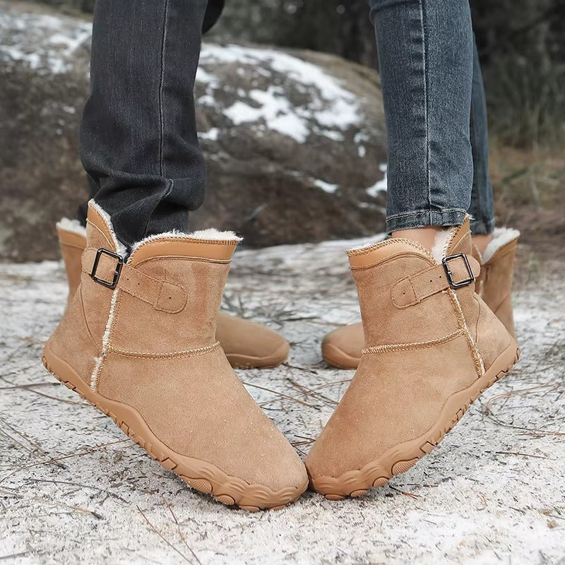 Unisex barefoot ankle boots with buckle straps, fleece lining and patterned flat soles