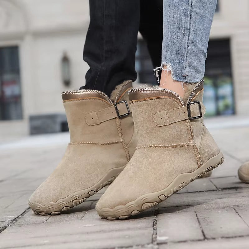 Unisex barefoot ankle boots with buckle straps, fleece lining and patterned flat soles