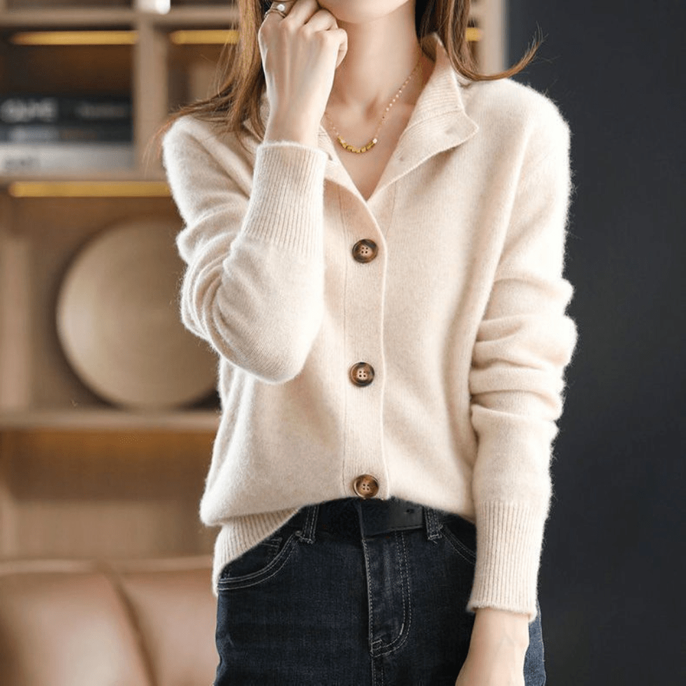 Women's button front cardigan with ribbed mock neckline and long sleeves