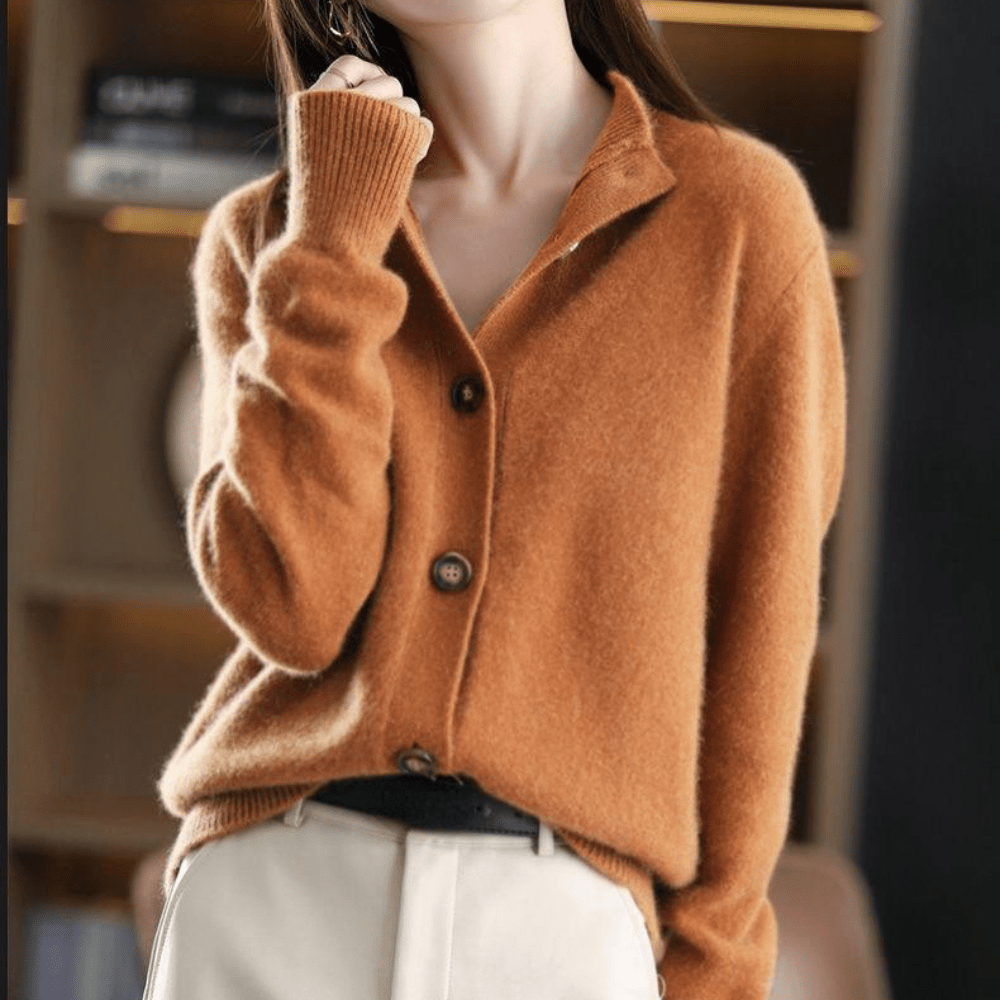 Women's button front cardigan with ribbed mock neckline and long sleeves
