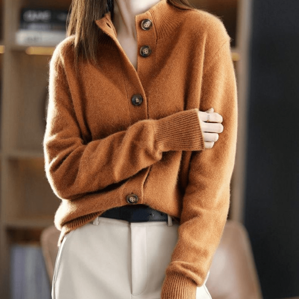 Women's button front cardigan with ribbed mock neckline and long sleeves