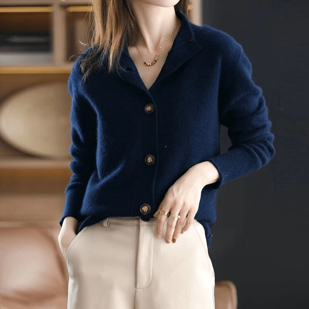 Women's button front cardigan with ribbed mock neckline and long sleeves