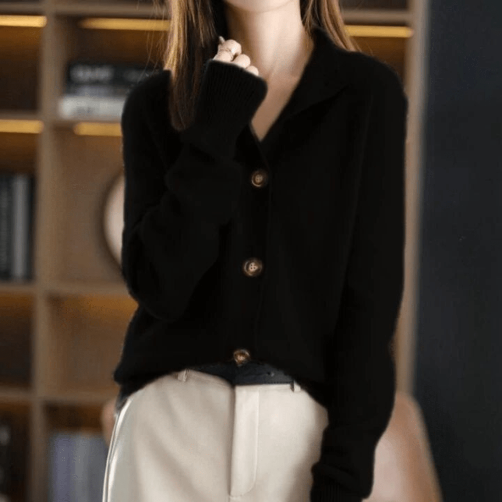 Women's button front cardigan with ribbed mock neckline and long sleeves