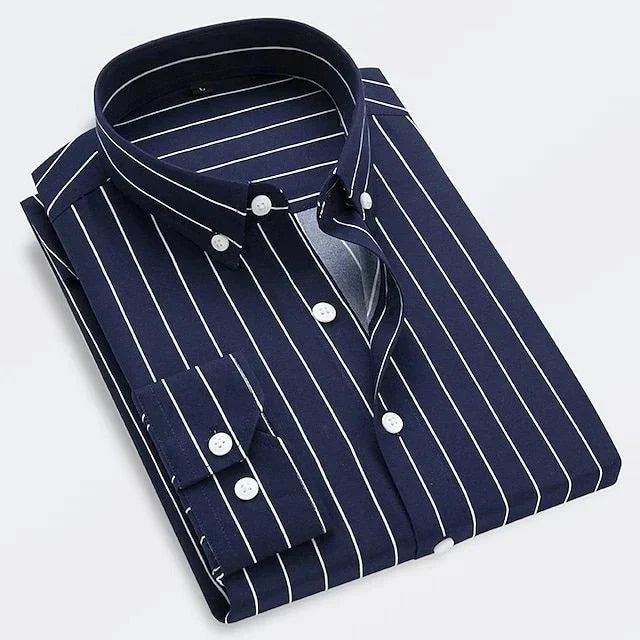 Men's striped long-sleeved button-down shirt with collared neckline