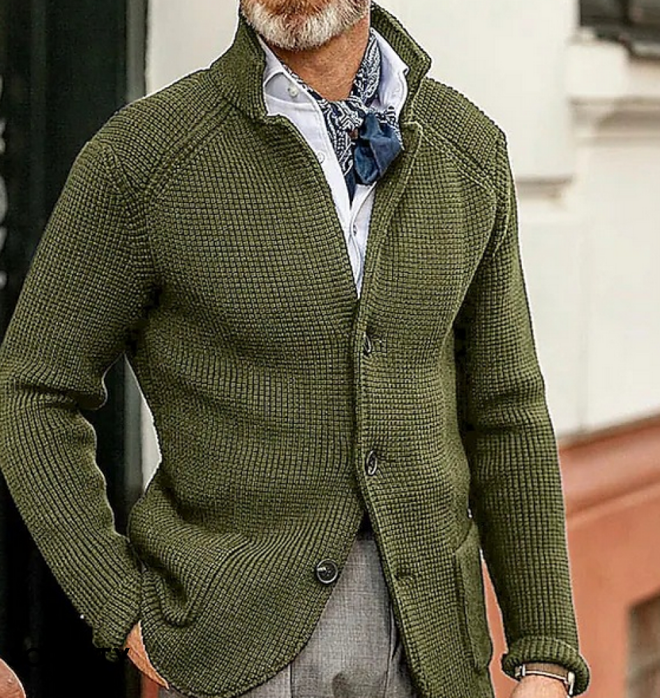Men's textured button-front blazer with stand collar and long sleeves