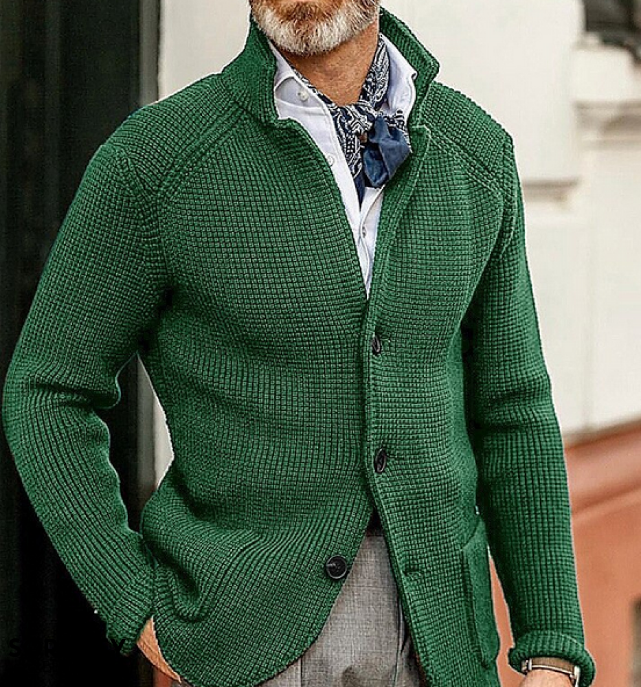 Men's textured button-front blazer with stand collar and long sleeves